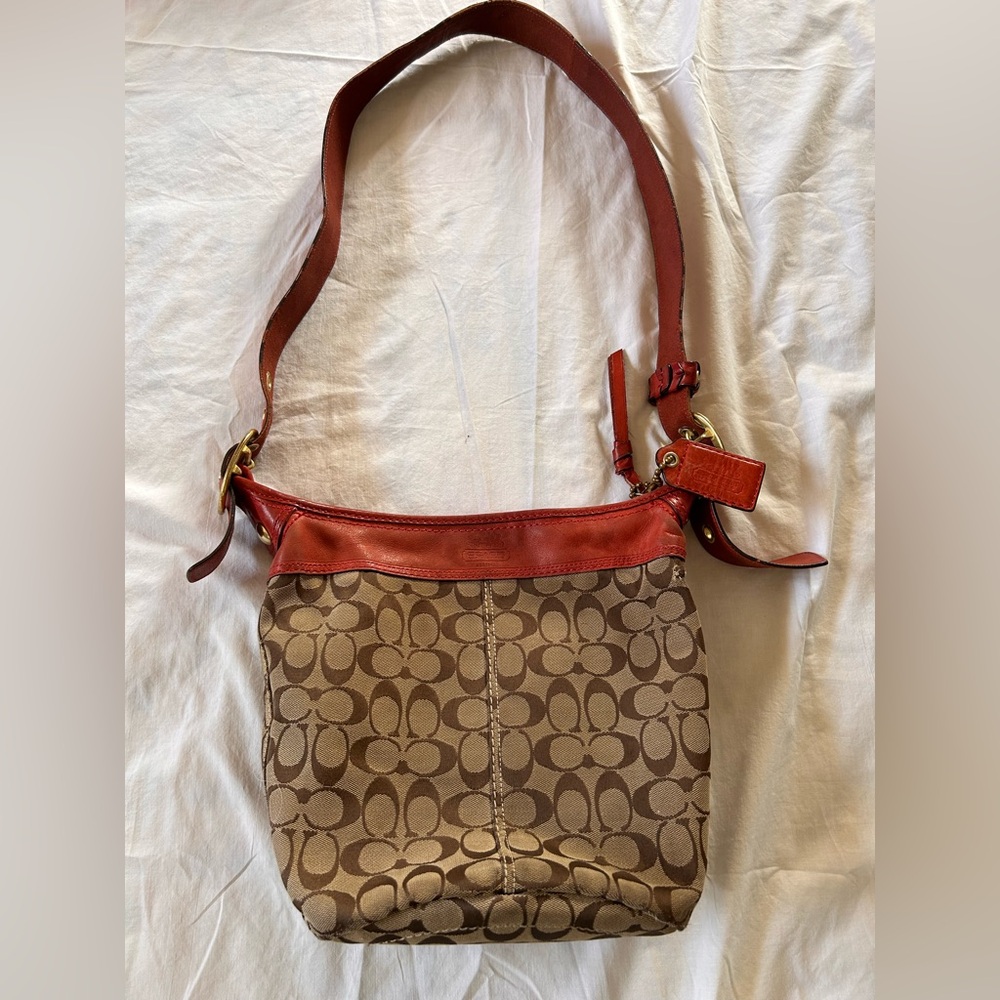 Coach Brown and Red Signature Shoulder Bag